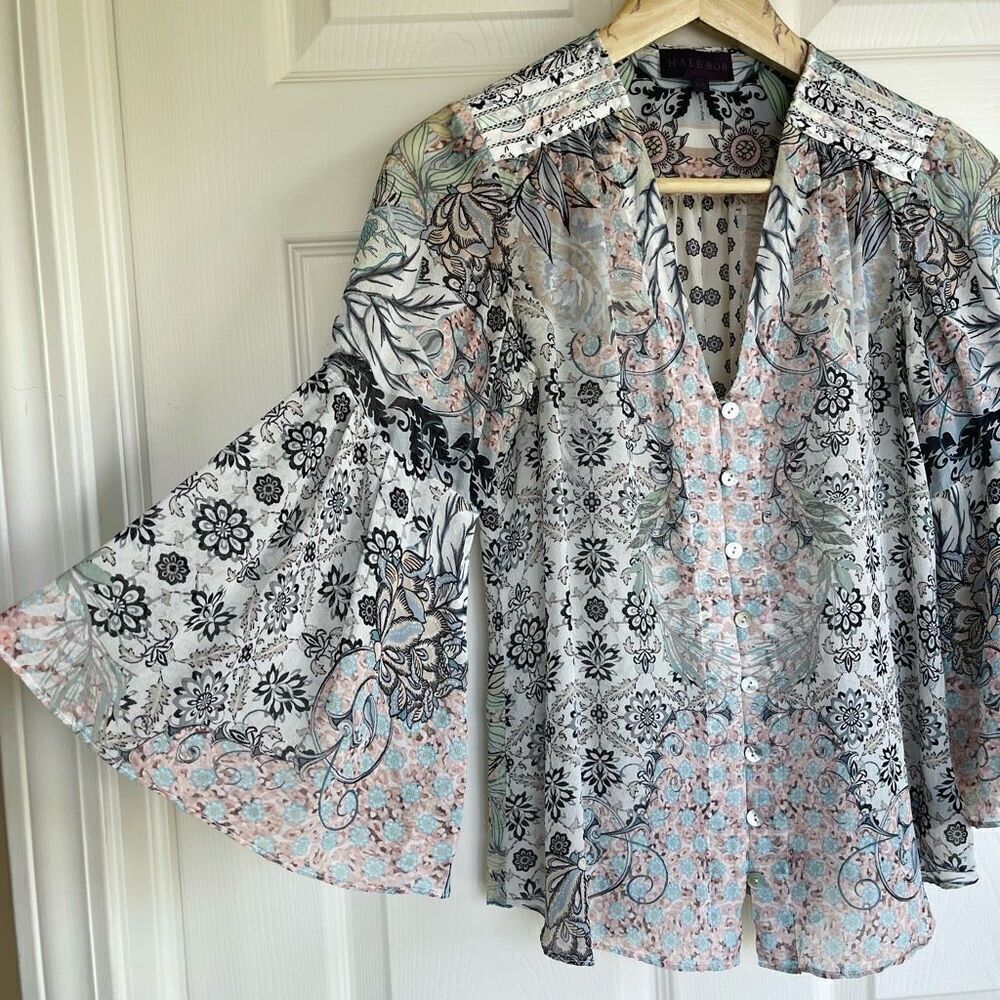 Hale Bob 100% Silk Bell Sleeve Button Blouse - XS - Picture 6 of 11